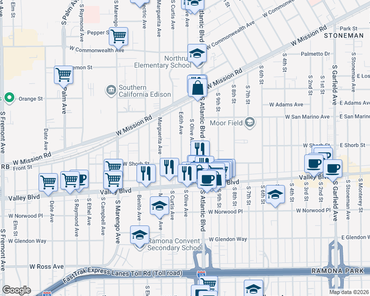 map of restaurants, bars, coffee shops, grocery stores, and more near 1103 South Olive Avenue in Alhambra