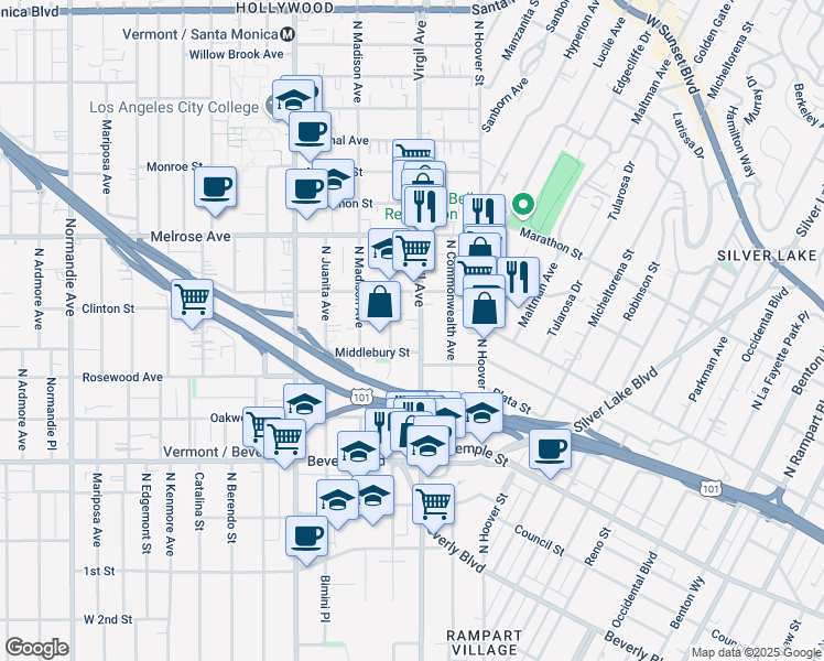 map of restaurants, bars, coffee shops, grocery stores, and more near 501 North Virgil Avenue in Los Angeles