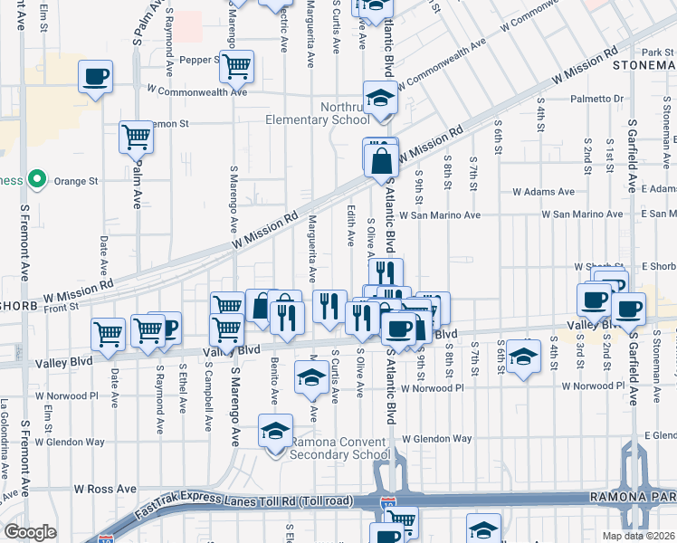 map of restaurants, bars, coffee shops, grocery stores, and more near 1029 Edith Avenue in Alhambra