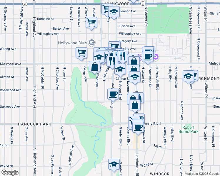 map of restaurants, bars, coffee shops, grocery stores, and more near 555 North Rossmore Avenue in Los Angeles