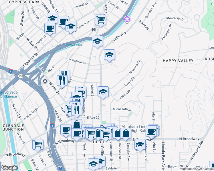 map of restaurants, bars, coffee shops, grocery stores, and more near Griffin Avenue in Los Angeles