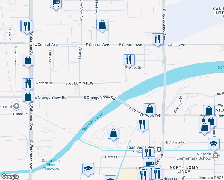 map of restaurants, bars, coffee shops, grocery stores, and more near 797 East Norman Road in San Bernardino