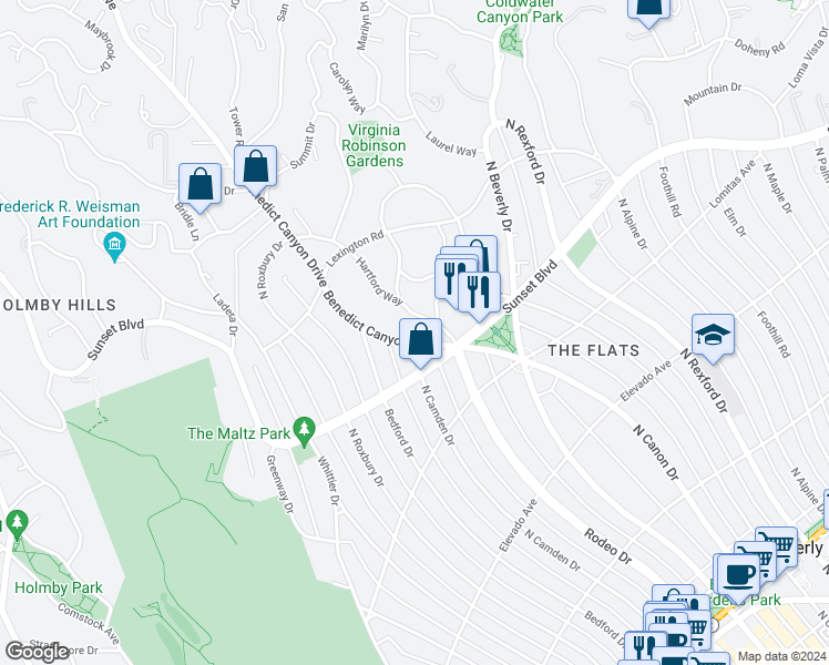 map of restaurants, bars, coffee shops, grocery stores, and more near 904 Benedict Canyon Drive in Beverly Hills