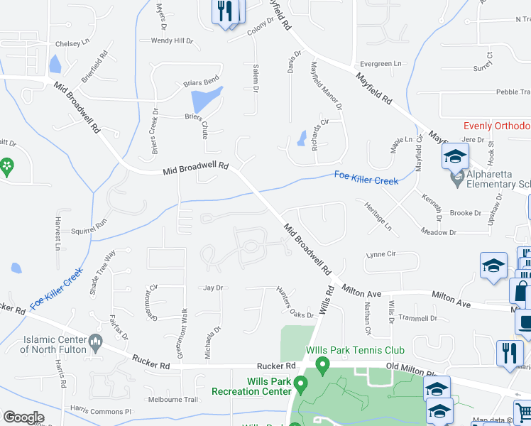map of restaurants, bars, coffee shops, grocery stores, and more near 3034 Steeplechase Drive in Alpharetta