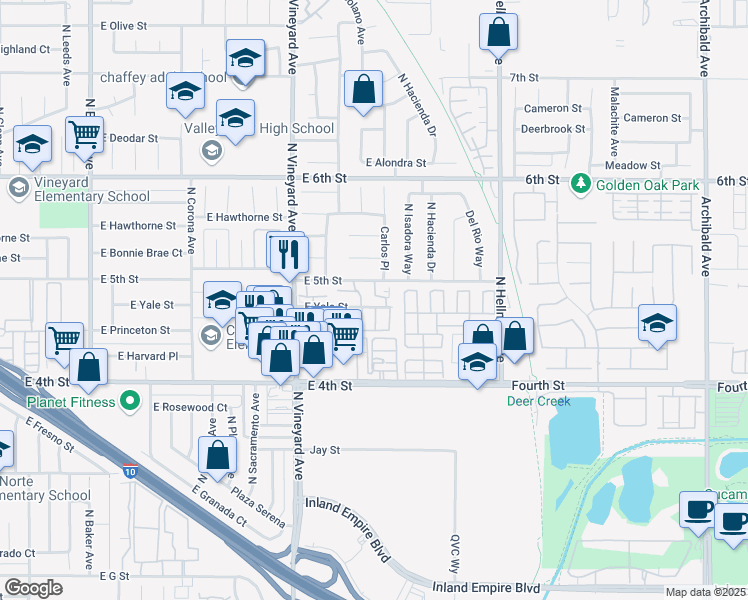 map of restaurants, bars, coffee shops, grocery stores, and more near 2037 East Yale Street in Ontario