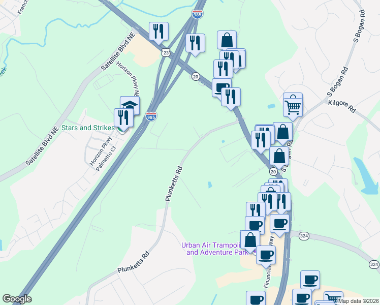 map of restaurants, bars, coffee shops, grocery stores, and more near 1781 Plunketts Road in Buford