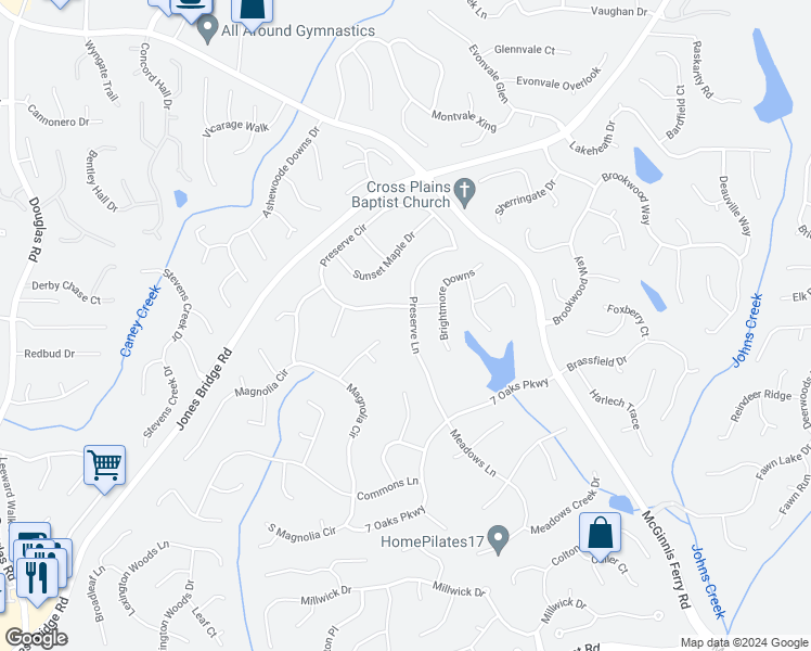 map of restaurants, bars, coffee shops, grocery stores, and more near 12390 Preserve Lane in Alpharetta