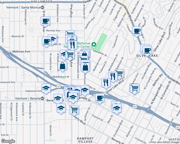map of restaurants, bars, coffee shops, grocery stores, and more near Bellevue Avenue in Los Angeles
