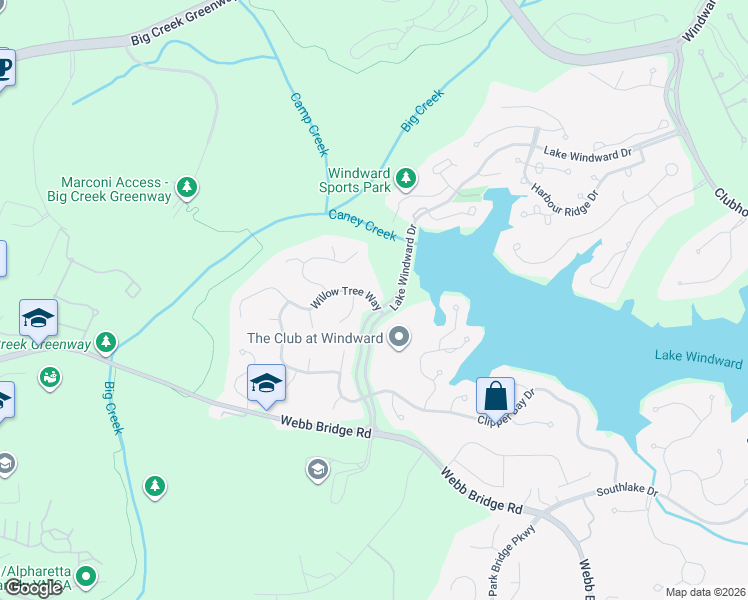 map of restaurants, bars, coffee shops, grocery stores, and more near 6475 Willow Tree Way in Alpharetta