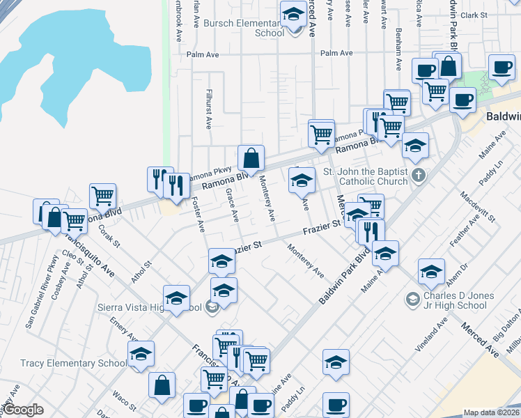 map of restaurants, bars, coffee shops, grocery stores, and more near 3735 Monterey Avenue in Baldwin Park
