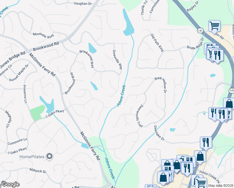map of restaurants, bars, coffee shops, grocery stores, and more near 8005 Brookwood Way in Cumming