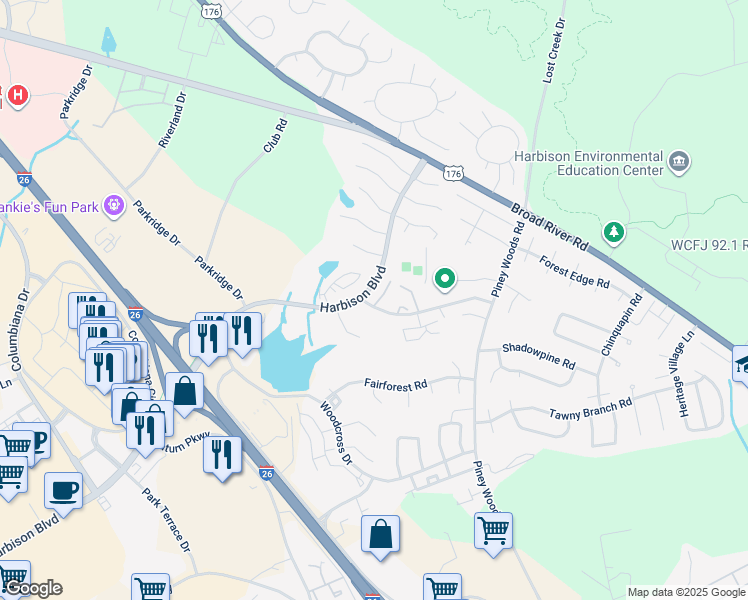 map of restaurants, bars, coffee shops, grocery stores, and more near 105 Hillpine Road in Columbia