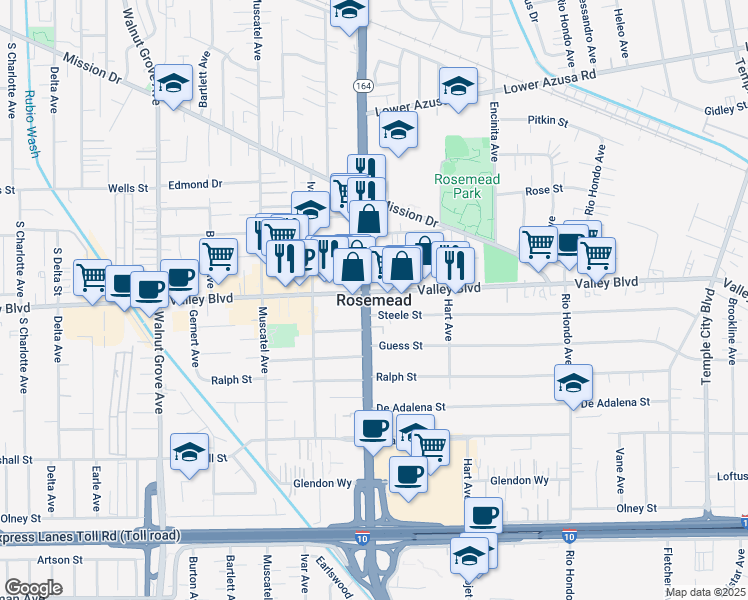 map of restaurants, bars, coffee shops, grocery stores, and more near 7639 Hellman Avenue in Rosemead