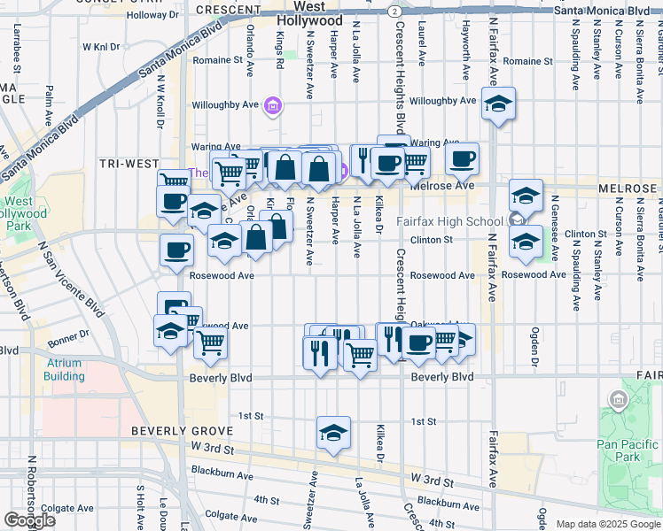 map of restaurants, bars, coffee shops, grocery stores, and more near 515 North Harper Avenue in Los Angeles