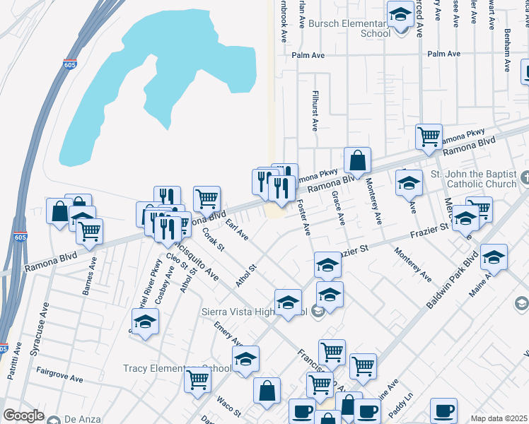 map of restaurants, bars, coffee shops, grocery stores, and more near 13302 Ramona Boulevard in Baldwin Park