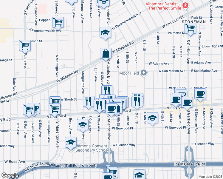 map of restaurants, bars, coffee shops, grocery stores, and more near 1108 South Atlantic Boulevard in Alhambra