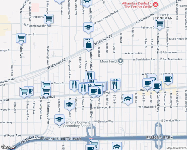 map of restaurants, bars, coffee shops, grocery stores, and more near 1024 South Atlantic Boulevard in Alhambra