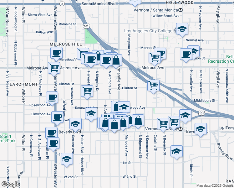 map of restaurants, bars, coffee shops, grocery stores, and more near 519 North Normandie Avenue in Los Angeles