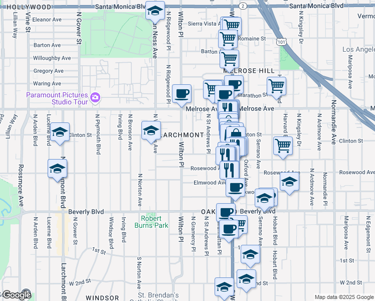 map of restaurants, bars, coffee shops, grocery stores, and more near 5057 West Maplewood Avenue in Los Angeles