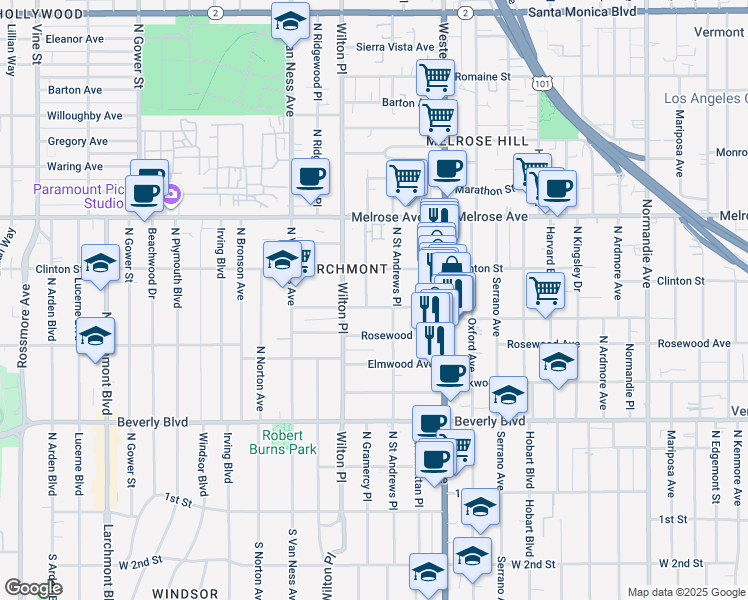 map of restaurants, bars, coffee shops, grocery stores, and more near 5025 West Maplewood Avenue in Los Angeles