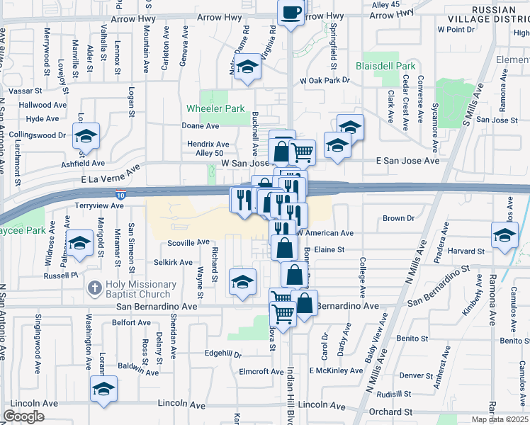 map of restaurants, bars, coffee shops, grocery stores, and more near 420 South Indian Hill Boulevard in Claremont