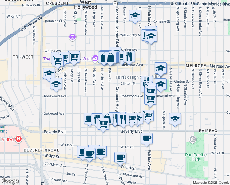 map of restaurants, bars, coffee shops, grocery stores, and more near 464 North Kilkea Drive in Los Angeles