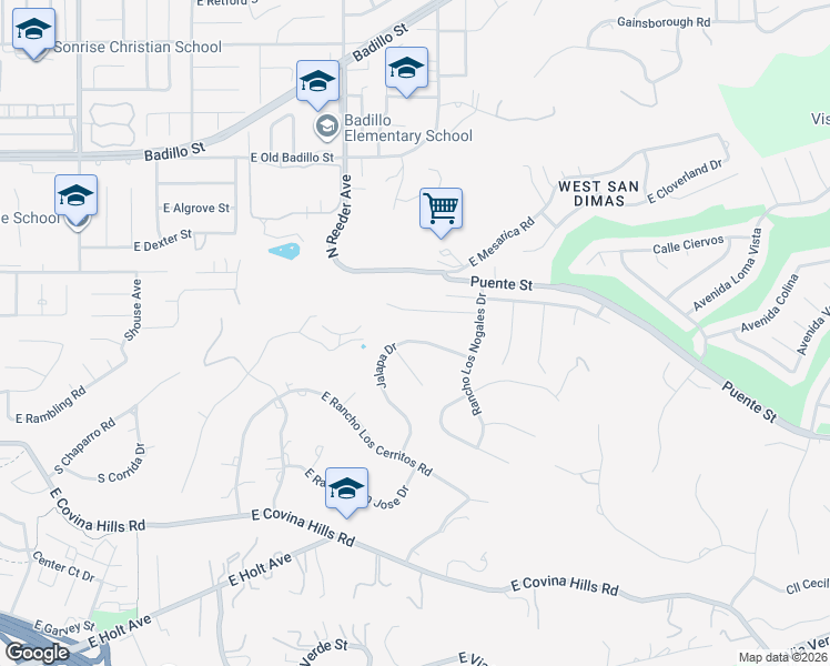 map of restaurants, bars, coffee shops, grocery stores, and more near 541 North Jalapa Drive in Covina