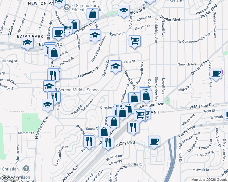 map of restaurants, bars, coffee shops, grocery stores, and more near Vaquero Avenue & Martin Street in Los Angeles