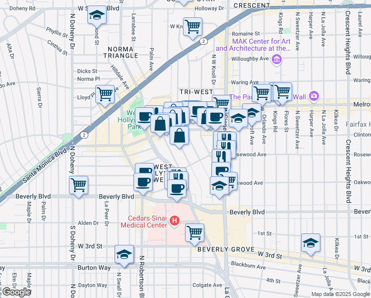 map of restaurants, bars, coffee shops, grocery stores, and more near 518 Huntley Drive in West Hollywood