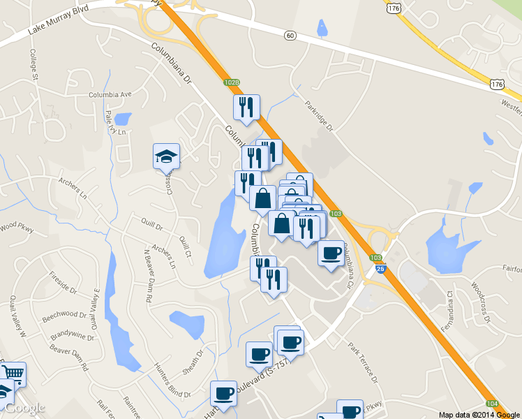 map of restaurants, bars, coffee shops, grocery stores, and more near 201 Columbiana Drive in Columbia