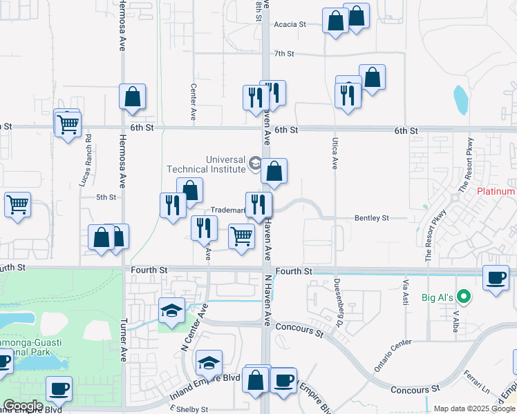 map of restaurants, bars, coffee shops, grocery stores, and more near 9500 Haven Avenue in Rancho Cucamonga