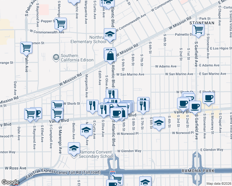 map of restaurants, bars, coffee shops, grocery stores, and more near 1024 South Atlantic Boulevard in Alhambra