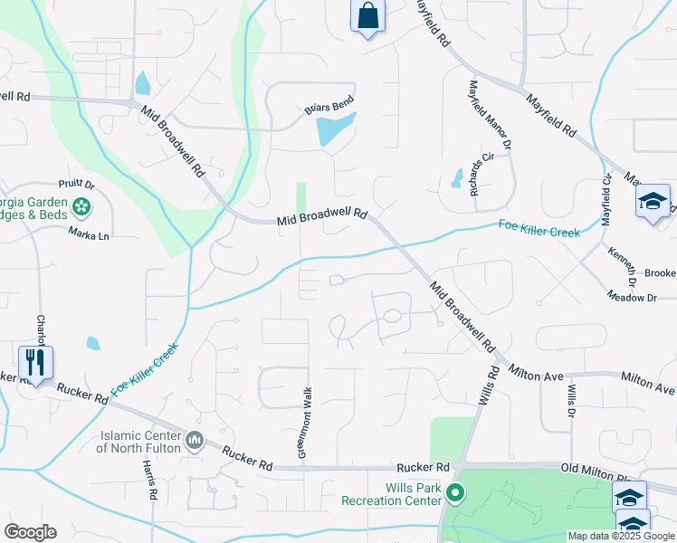 map of restaurants, bars, coffee shops, grocery stores, and more near 3079 Steeplechase Drive in Alpharetta