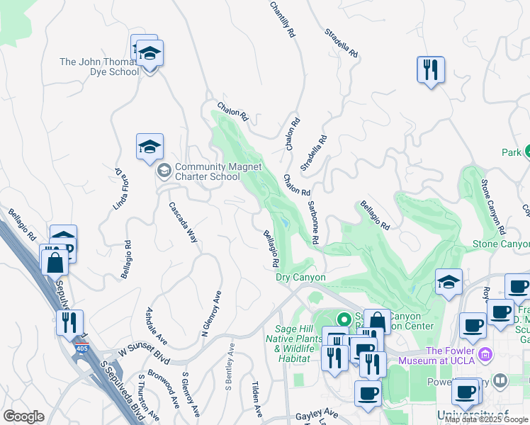 map of restaurants, bars, coffee shops, grocery stores, and more near 10985 Bellagio Road in Los Angeles