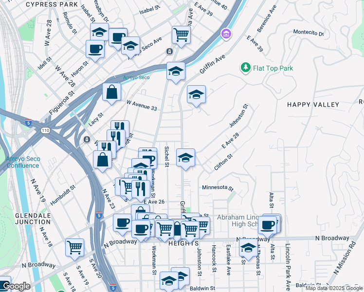 map of restaurants, bars, coffee shops, grocery stores, and more near Griffin Avenue in Los Angeles
