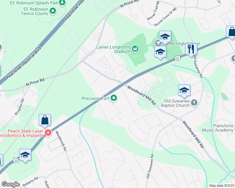map of restaurants, bars, coffee shops, grocery stores, and more near 679 Buford Highway Northeast in Sugar Hill