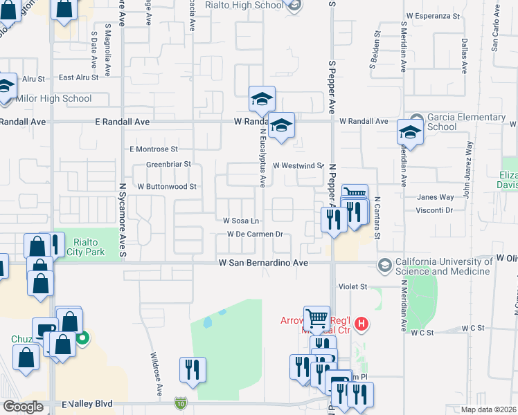 map of restaurants, bars, coffee shops, grocery stores, and more near 1149 Runaway Circle in Colton