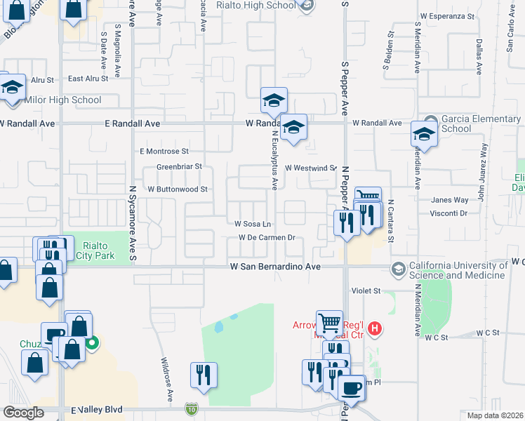 map of restaurants, bars, coffee shops, grocery stores, and more near 1130 Bautista Lane in Colton