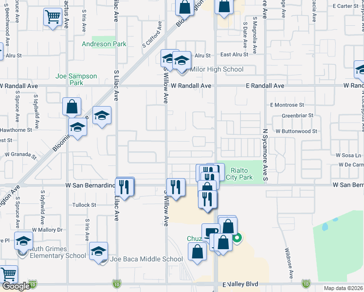 map of restaurants, bars, coffee shops, grocery stores, and more near 1166 South Riverside Avenue in Rialto