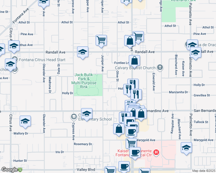map of restaurants, bars, coffee shops, grocery stores, and more near 16733 Holly Drive in Fontana