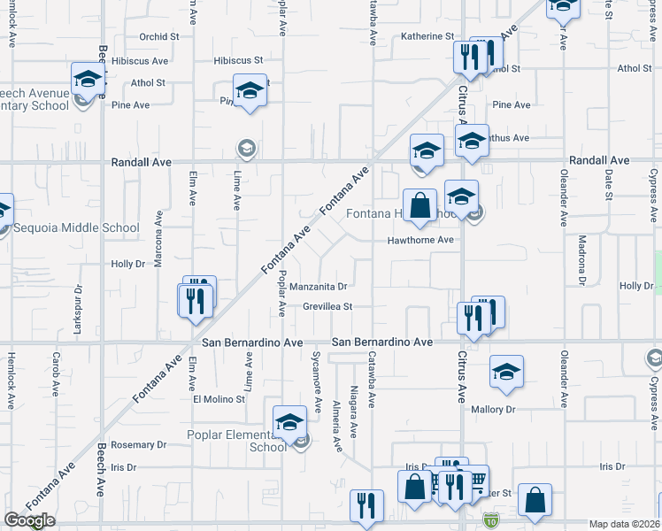 map of restaurants, bars, coffee shops, grocery stores, and more near 9571 Sycamore Drive in Fontana