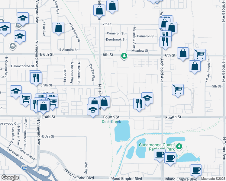 map of restaurants, bars, coffee shops, grocery stores, and more near 9397 Homestead Drive in Rancho Cucamonga