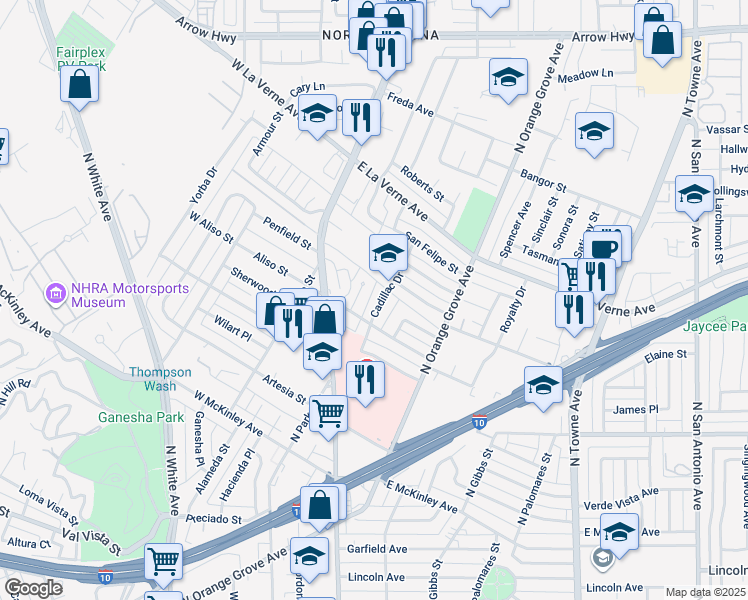 map of restaurants, bars, coffee shops, grocery stores, and more near 1936 Cadillac Drive in Pomona