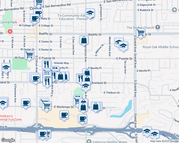 map of restaurants, bars, coffee shops, grocery stores, and more near 528 South Barranca Avenue in Covina