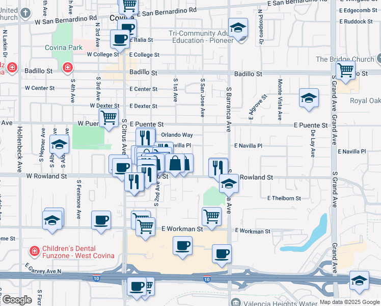 map of restaurants, bars, coffee shops, grocery stores, and more near 526 South 1st Avenue in Covina