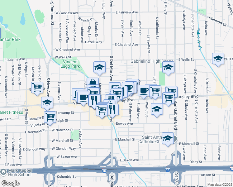 map of restaurants, bars, coffee shops, grocery stores, and more near 59 Del Mar Avenue in San Gabriel