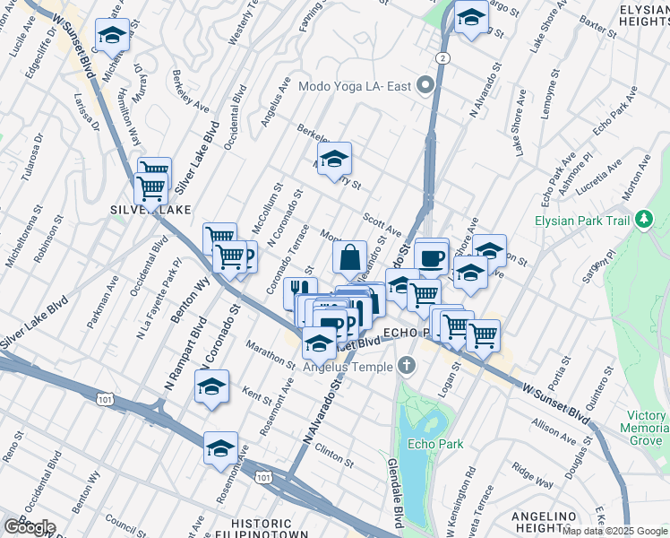 map of restaurants, bars, coffee shops, grocery stores, and more near 1302 Mohawk Street in Los Angeles