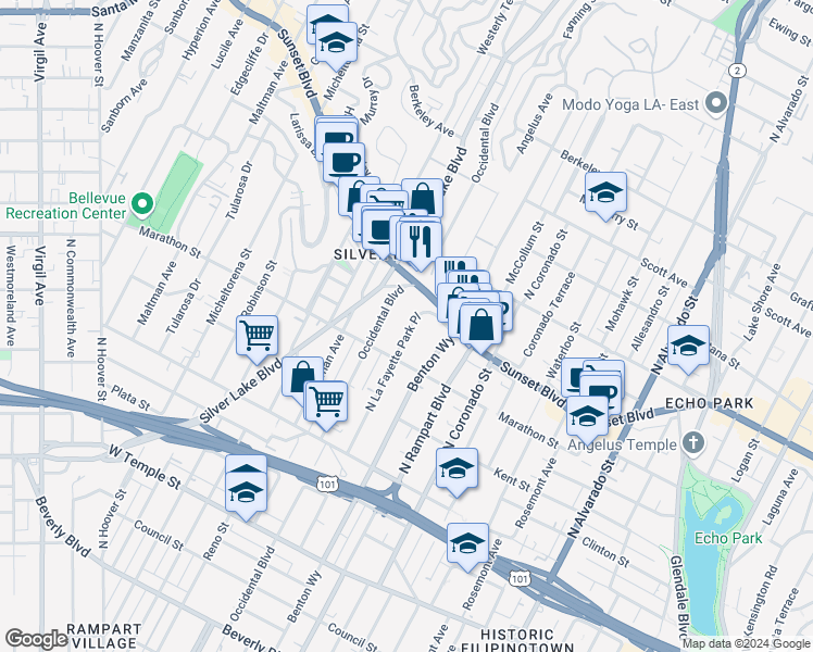 map of restaurants, bars, coffee shops, grocery stores, and more near 824 North La Fayette Park Place in Los Angeles