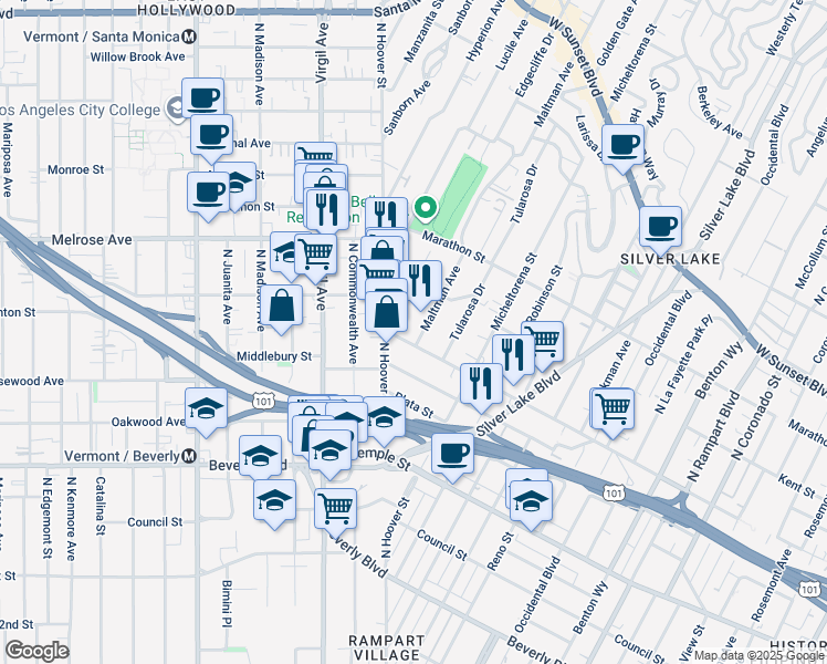 map of restaurants, bars, coffee shops, grocery stores, and more near 3618 Bellevue Avenue in Los Angeles