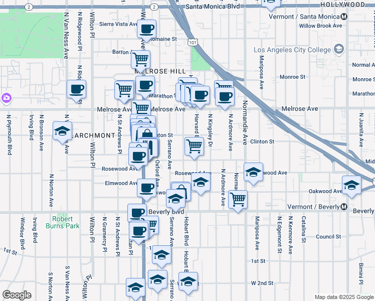 map of restaurants, bars, coffee shops, grocery stores, and more near 4607 West Maplewood Avenue in Los Angeles